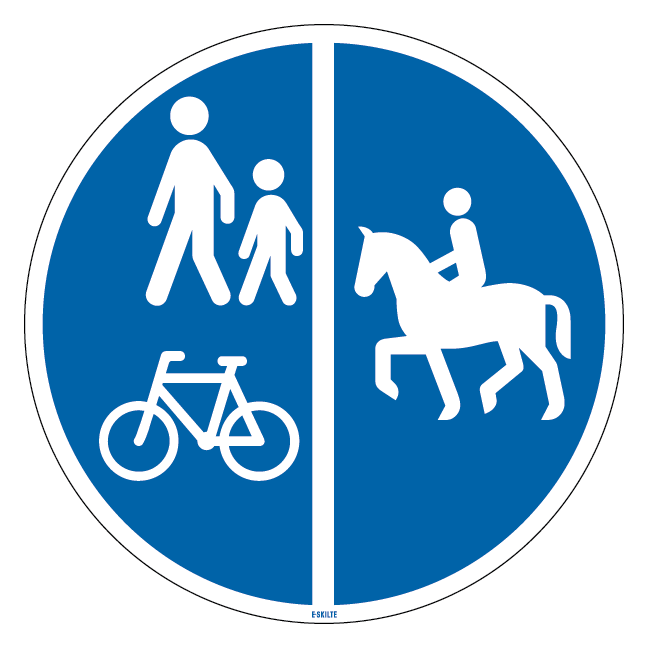 D26,4 - Delt sti for gående og cyklister til venstre og ridende til højre skilt