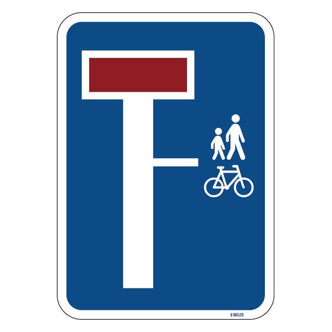 E18,1,2 - Blind vej, med angivelse af, at vejen fortsætter i en sti til cyklister mod højre skilt