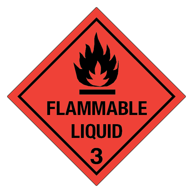 Flammable liquid, klasse 3 fareseddel