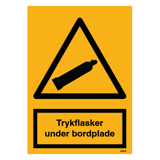 Trykflasker under bordplade. Advarselsskilt