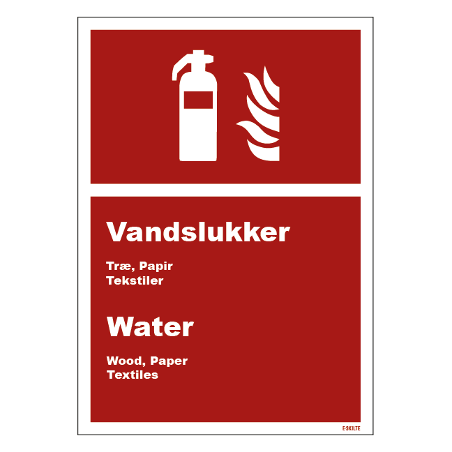 Brandslukker vand dansk engelsk skilt