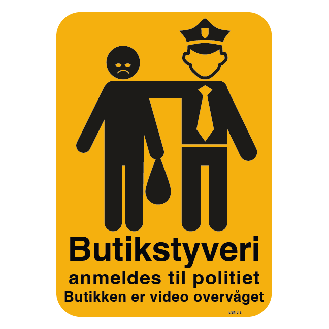 Butikstyveri anmeldes til politiet Butikken er video overvåget (gul) skilt