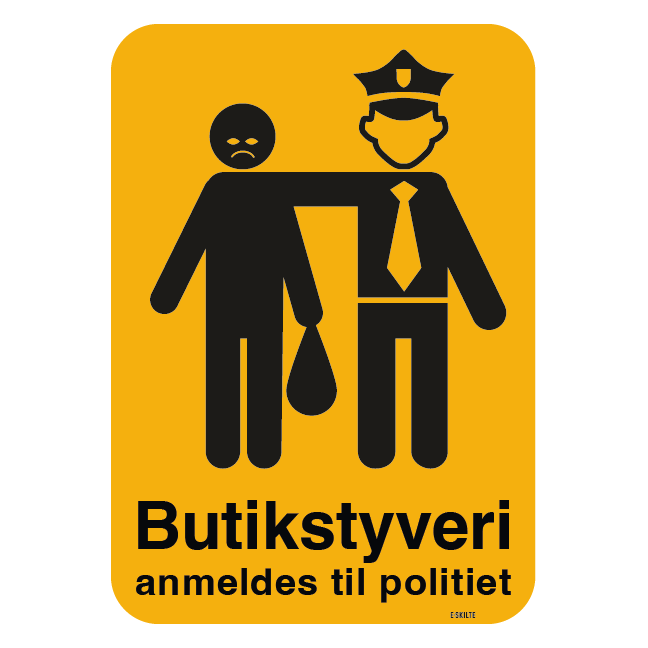 Butikstyveri anmeldes til politiet gult skilt