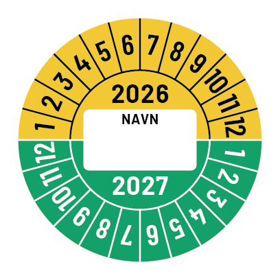 Kalibreringsmærker for 2025-2026 i rød og gul med navn, Selvklæbende, Ø30mm