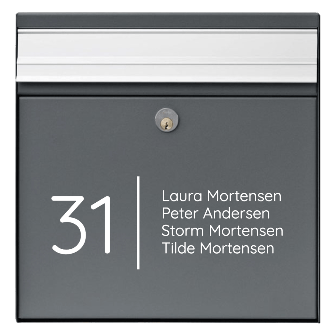 Postkasse skilt med nummer og navn