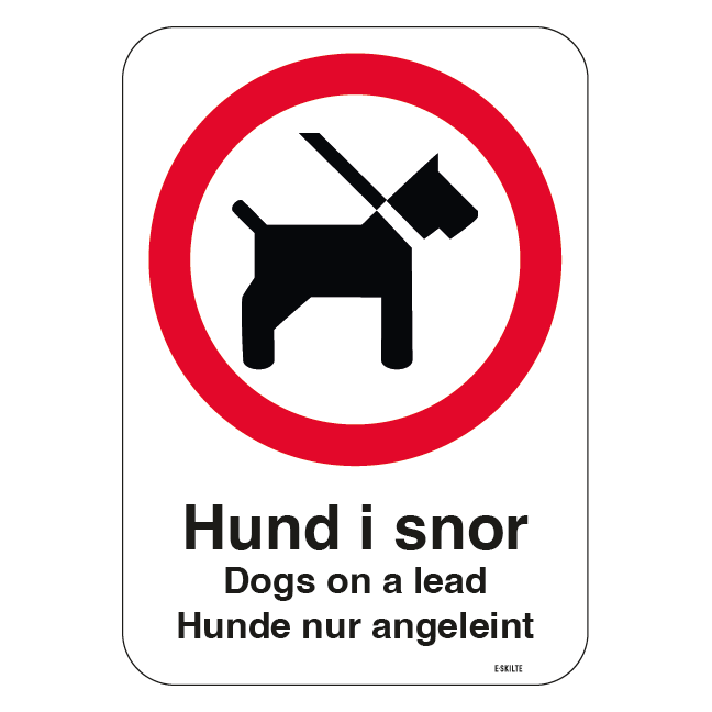 Hunde i snor Dogs on a lead Hunde nur angeleint hvidbund. Hundeskilt.