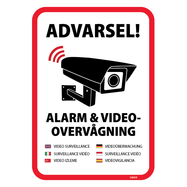 Advarsel! Alarm og videovervågning skilt på flere sprog