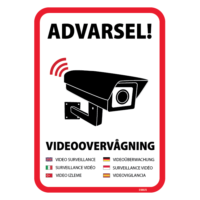 Advarsel! Videoovervågning på syv sprog skilt